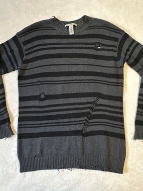 Cotton by Autumn Cashmere Distressed Striped Sweater M Grey Edgy Grunge Luxe